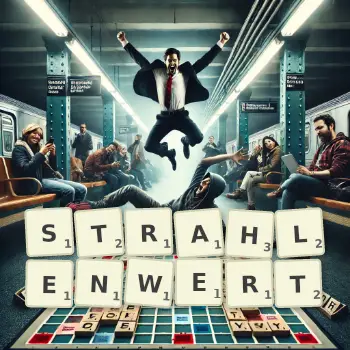 Kreative Illustration für ein Scrabble-Spiel, bei dem das Wort STRAHLENWERT mit Steinen auf dem Brett gelegt wurde.