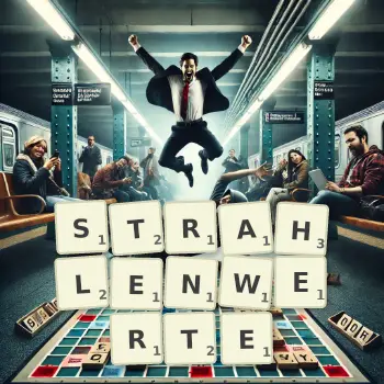 Kreative Illustration für ein Scrabble-Spiel, bei dem das Wort STRAHLENWERTE mit Steinen auf dem Brett gelegt wurde.