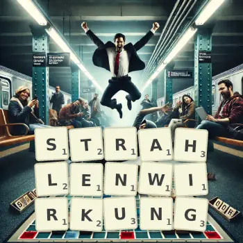 Kreative Illustration für ein Scrabble-Spiel, bei dem das Wort STRAHLENWIRKUNG mit Steinen auf dem Brett gelegt wurde.