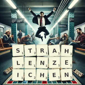 Kreative Illustration für ein Scrabble-Spiel, bei dem das Wort STRAHLENZEICHEN mit Steinen auf dem Brett gelegt wurde.