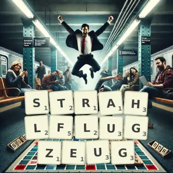 Kreative Illustration für ein Scrabble-Spiel, bei dem das Wort STRAHLFLUGZEUG mit Steinen auf dem Brett gelegt wurde.