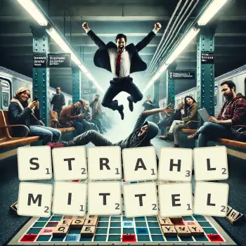 Kreative Illustration für ein Scrabble-Spiel, bei dem das Wort STRAHLMITTEL mit Steinen auf dem Brett gelegt wurde.