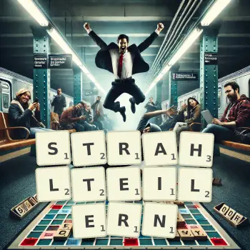 Kreative Illustration für ein Scrabble-Spiel, bei dem das Wort STRAHLTEILERN mit Steinen auf dem Brett gelegt wurde.