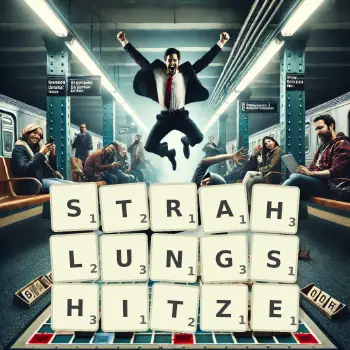 Kreative Illustration für ein Scrabble-Spiel, bei dem das Wort STRAHLUNGSHITZE mit Steinen auf dem Brett gelegt wurde.