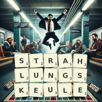 Kreative Illustration für ein Scrabble-Spiel, bei dem das Wort STRAHLUNGSKEULE mit Steinen auf dem Brett gelegt wurde.