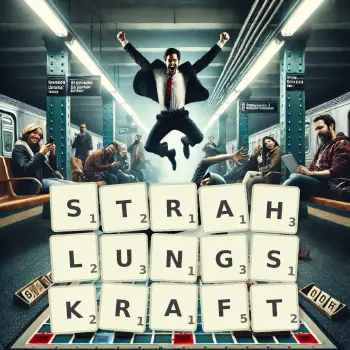 Kreative Illustration für ein Scrabble-Spiel, bei dem das Wort STRAHLUNGSKRAFT mit Steinen auf dem Brett gelegt wurde.