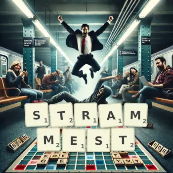 Kreative Illustration für ein Scrabble-Spiel, bei dem das Wort STRAMMEST mit Steinen auf dem Brett gelegt wurde.