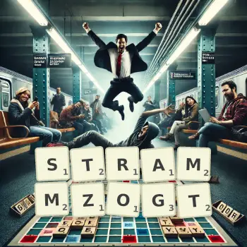 Kreative Illustration für ein Scrabble-Spiel, bei dem das Wort STRAMMZOGT mit Steinen auf dem Brett gelegt wurde.
