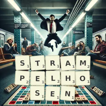 Kreative Illustration für ein Scrabble-Spiel, bei dem das Wort STRAMPELHOSEN mit Steinen auf dem Brett gelegt wurde.