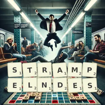 Kreative Illustration für ein Scrabble-Spiel, bei dem das Wort STRAMPELNDES mit Steinen auf dem Brett gelegt wurde.