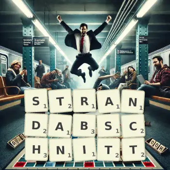 Kreative Illustration für ein Scrabble-Spiel, bei dem das Wort STRANDABSCHNITT mit Steinen auf dem Brett gelegt wurde.