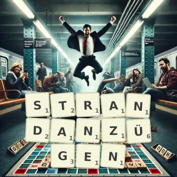 Kreative Illustration für ein Scrabble-Spiel, bei dem das Wort STRANDANZÜGEN mit Steinen auf dem Brett gelegt wurde.
