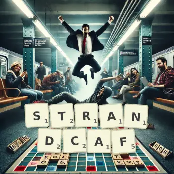 Kreative Illustration für ein Scrabble-Spiel, bei dem das Wort STRANDCAF mit Steinen auf dem Brett gelegt wurde.