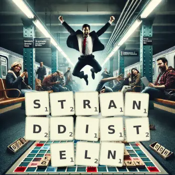 Kreative Illustration für ein Scrabble-Spiel, bei dem das Wort STRANDDISTELN mit Steinen auf dem Brett gelegt wurde.