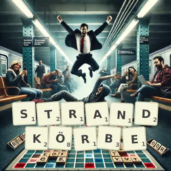 Kreative Illustration für ein Scrabble-Spiel, bei dem das Wort STRANDKÖRBE mit Steinen auf dem Brett gelegt wurde.