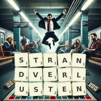 Kreative Illustration für ein Scrabble-Spiel, bei dem das Wort STRANDVERLUSTEN mit Steinen auf dem Brett gelegt wurde.