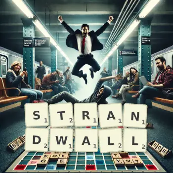 Kreative Illustration für ein Scrabble-Spiel, bei dem das Wort STRANDWALL mit Steinen auf dem Brett gelegt wurde.