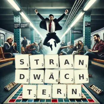 Kreative Illustration für ein Scrabble-Spiel, bei dem das Wort STRANDWÄCHTERN mit Steinen auf dem Brett gelegt wurde.
