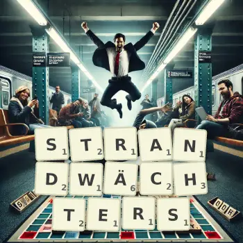Kreative Illustration für ein Scrabble-Spiel, bei dem das Wort STRANDWÄCHTERS mit Steinen auf dem Brett gelegt wurde.