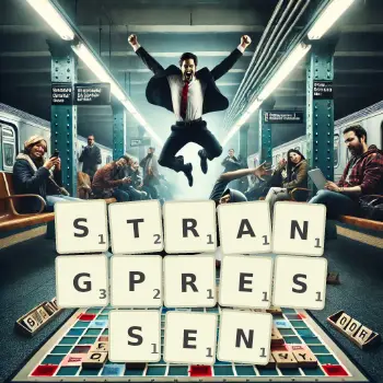 Kreative Illustration für ein Scrabble-Spiel, bei dem das Wort STRANGPRESSEN mit Steinen auf dem Brett gelegt wurde.