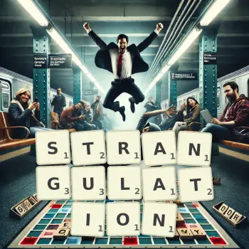 Kreative Illustration für ein Scrabble-Spiel, bei dem das Wort STRANGULATION mit Steinen auf dem Brett gelegt wurde.