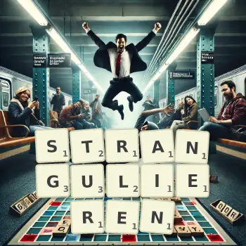 Kreative Illustration für ein Scrabble-Spiel, bei dem das Wort STRANGULIEREN mit Steinen auf dem Brett gelegt wurde.