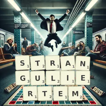 Kreative Illustration für ein Scrabble-Spiel, bei dem das Wort STRANGULIERTEM mit Steinen auf dem Brett gelegt wurde.