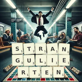 Kreative Illustration für ein Scrabble-Spiel, bei dem das Wort STRANGULIERTEN mit Steinen auf dem Brett gelegt wurde.