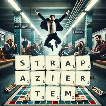 Kreative Illustration für ein Scrabble-Spiel, bei dem das Wort STRAPAZIERTEM mit Steinen auf dem Brett gelegt wurde.