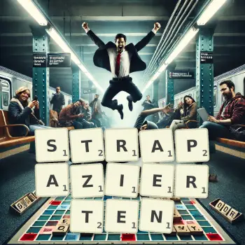 Kreative Illustration für ein Scrabble-Spiel, bei dem das Wort STRAPAZIERTEN mit Steinen auf dem Brett gelegt wurde.