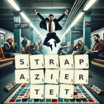 Kreative Illustration für ein Scrabble-Spiel, bei dem das Wort STRAPAZIERTET mit Steinen auf dem Brett gelegt wurde.