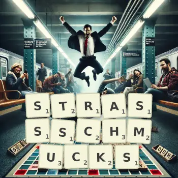 Kreative Illustration für ein Scrabble-Spiel, bei dem das Wort STRASSSCHMUCKS mit Steinen auf dem Brett gelegt wurde.