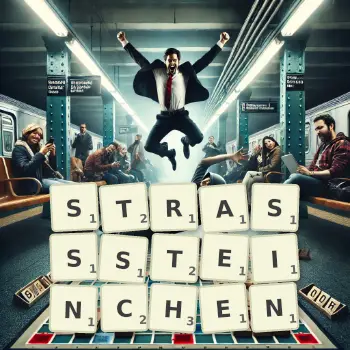 Kreative Illustration für ein Scrabble-Spiel, bei dem das Wort STRASSSTEINCHEN mit Steinen auf dem Brett gelegt wurde.