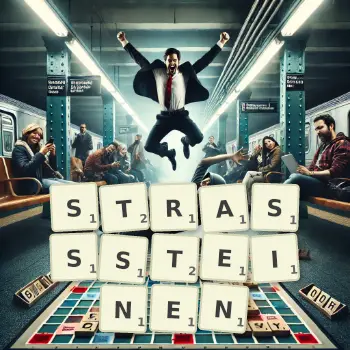 Kreative Illustration für ein Scrabble-Spiel, bei dem das Wort STRASSSTEINEN mit Steinen auf dem Brett gelegt wurde.