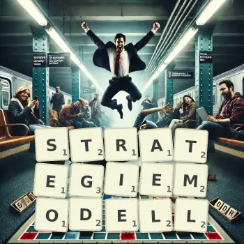 Kreative Illustration für ein Scrabble-Spiel, bei dem das Wort STRATEGIEMODELL mit Steinen auf dem Brett gelegt wurde.