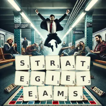 Kreative Illustration für ein Scrabble-Spiel, bei dem das Wort STRATEGIETEAMS mit Steinen auf dem Brett gelegt wurde.