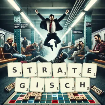 Kreative Illustration für ein Scrabble-Spiel, bei dem das Wort STRATEGISCH mit Steinen auf dem Brett gelegt wurde.