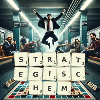 Kreative Illustration für ein Scrabble-Spiel, bei dem das Wort STRATEGISCHEM mit Steinen auf dem Brett gelegt wurde.
