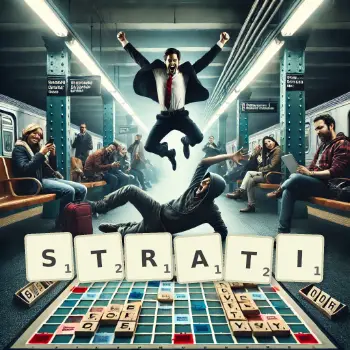 Kreative Illustration für ein Scrabble-Spiel, bei dem das Wort STRATI mit Steinen auf dem Brett gelegt wurde.