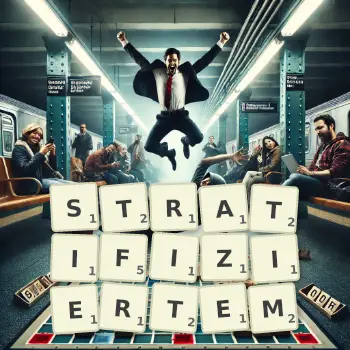 Kreative Illustration für ein Scrabble-Spiel, bei dem das Wort STRATIFIZIERTEM mit Steinen auf dem Brett gelegt wurde.