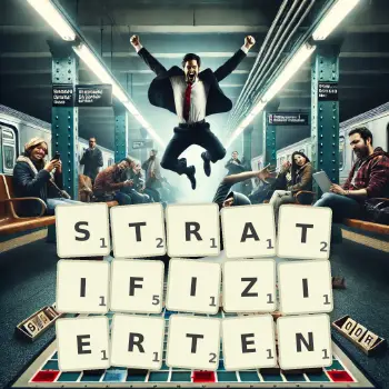 Kreative Illustration für ein Scrabble-Spiel, bei dem das Wort STRATIFIZIERTEN mit Steinen auf dem Brett gelegt wurde.