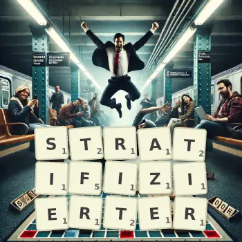 Kreative Illustration für ein Scrabble-Spiel, bei dem das Wort STRATIFIZIERTER mit Steinen auf dem Brett gelegt wurde.