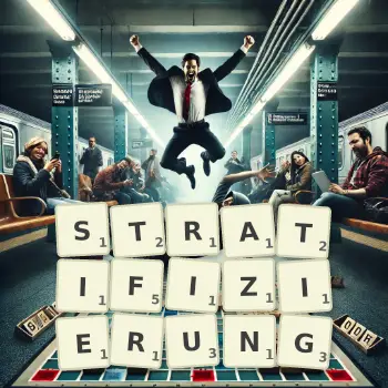 Kreative Illustration für ein Scrabble-Spiel, bei dem das Wort STRATIFIZIERUNG mit Steinen auf dem Brett gelegt wurde.