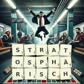 Kreative Illustration für ein Scrabble-Spiel, bei dem das Wort STRATOSPHÄRISCH mit Steinen auf dem Brett gelegt wurde.