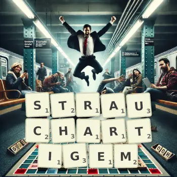 Kreative Illustration für ein Scrabble-Spiel, bei dem das Wort STRAUCHARTIGEM mit Steinen auf dem Brett gelegt wurde.