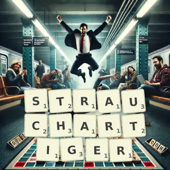 Kreative Illustration für ein Scrabble-Spiel, bei dem das Wort STRAUCHARTIGER mit Steinen auf dem Brett gelegt wurde.