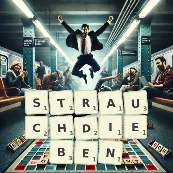 Kreative Illustration für ein Scrabble-Spiel, bei dem das Wort STRAUCHDIEBEN mit Steinen auf dem Brett gelegt wurde.