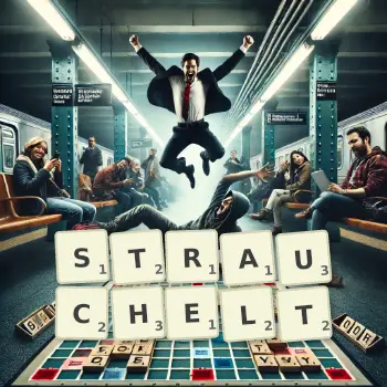 Kreative Illustration für ein Scrabble-Spiel, bei dem das Wort STRAUCHELT mit Steinen auf dem Brett gelegt wurde.