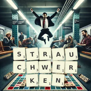 Kreative Illustration für ein Scrabble-Spiel, bei dem das Wort STRAUCHWERKEN mit Steinen auf dem Brett gelegt wurde.