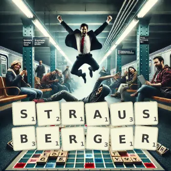 Kreative Illustration für ein Scrabble-Spiel, bei dem das Wort STRAUSBERGER mit Steinen auf dem Brett gelegt wurde.